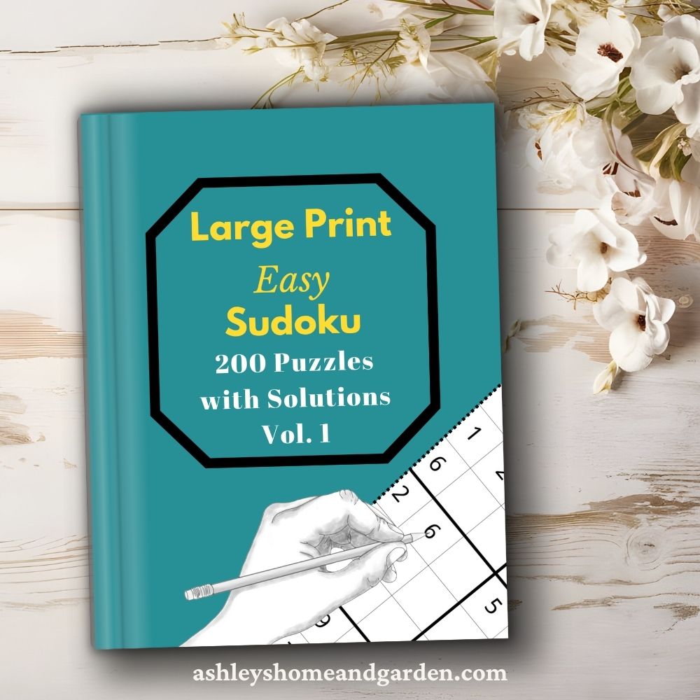 Large Print Easy Sudoku book on a wood grain background