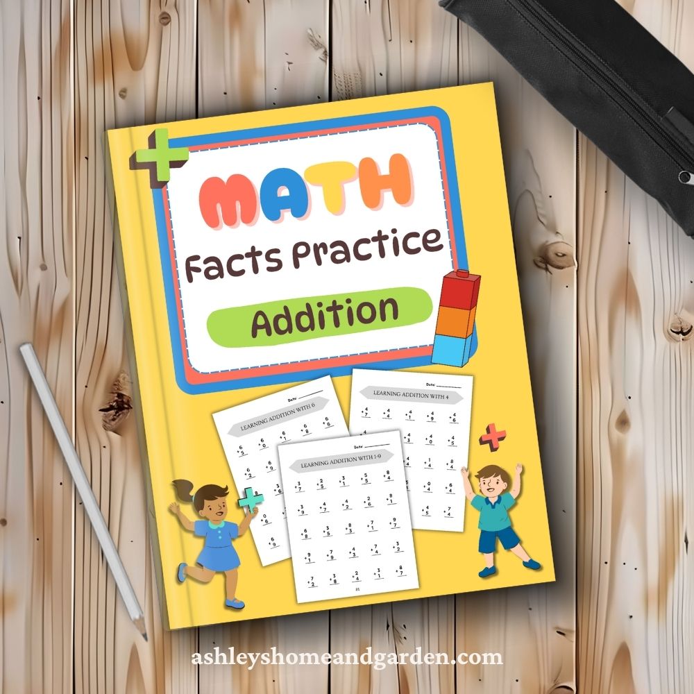 Brightly colored Math Facts Practice Addition workbook on a wood background