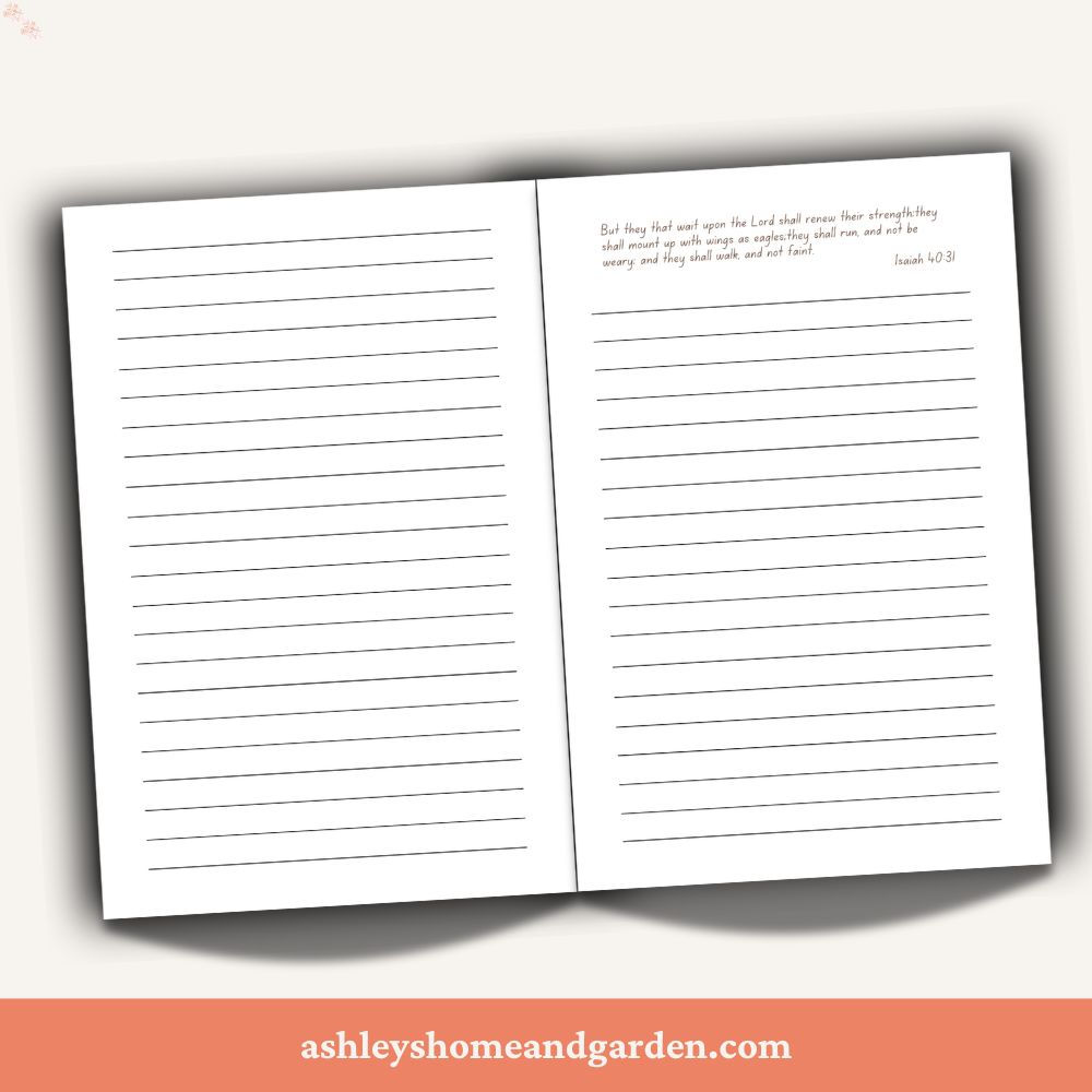 Open Blank Lined notebook with Bible verse at the top of the right page