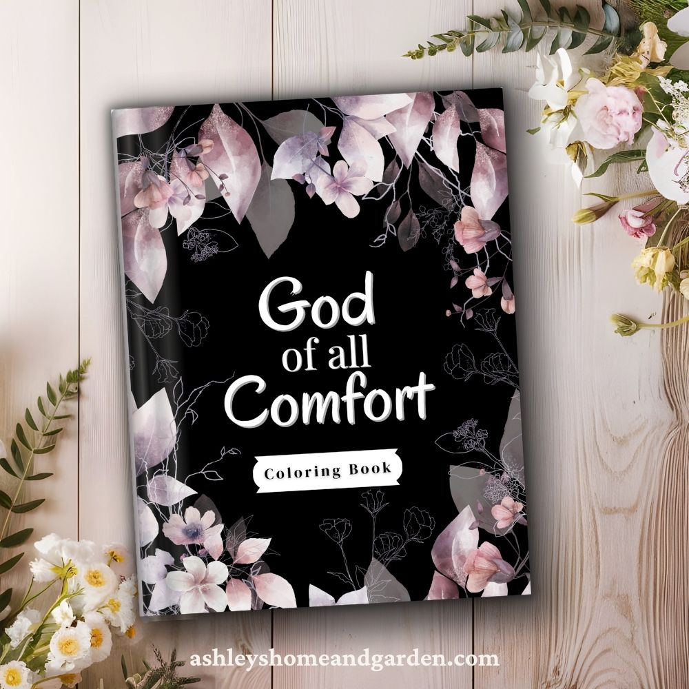 God of All Comfort coloring book with black cover with purple pink flowers